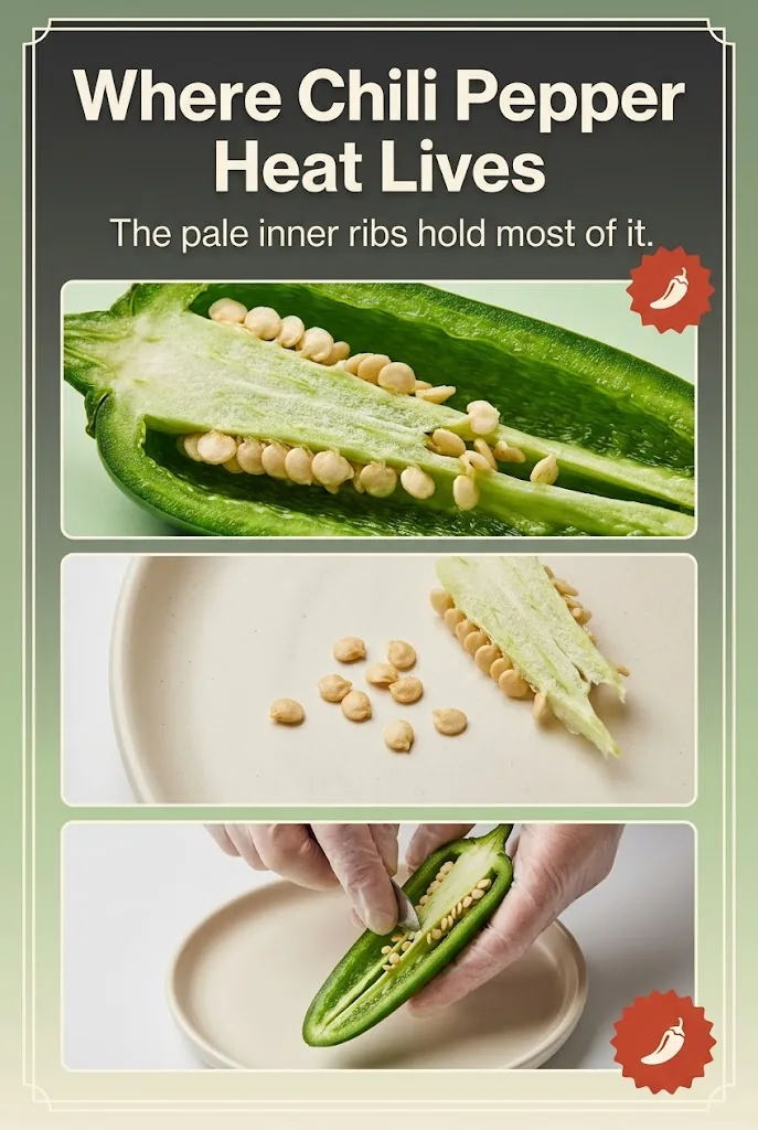 Three-panel pin showing a jalapeño cross-section, seeds, and trimming of the pale inner rib