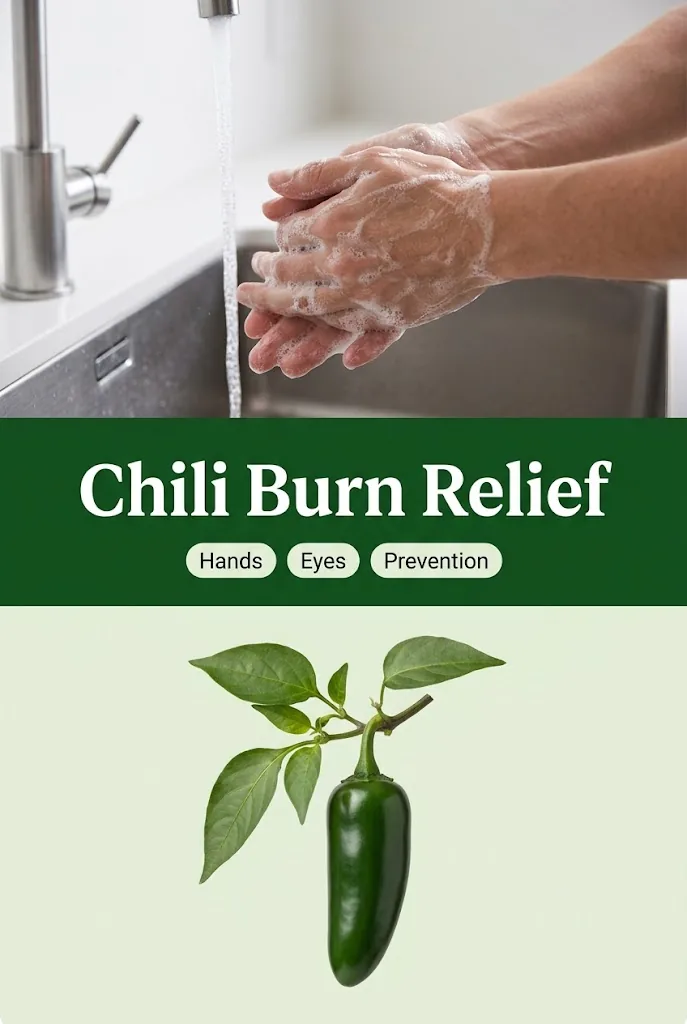 Pinterest graphic about chili burn relief with handwashing, eye exposure and prevention panels