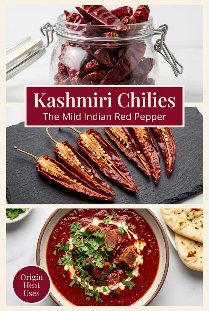 Vertical Pinterest pin titled Kashmiri Chilies showing dried pods, a halved pod, and rogan josh in three stacked photo panels