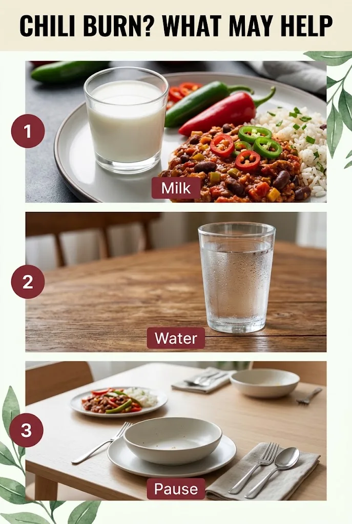 Three-tile chili burn graphic labeling milk, water, and pause