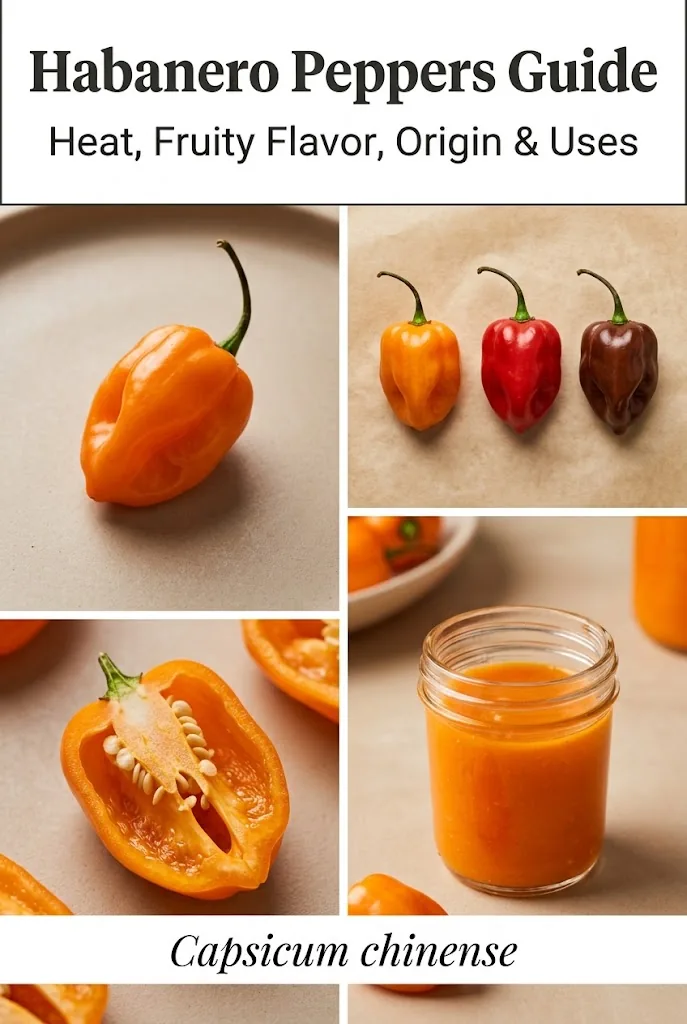 Pinterest graphic with four panels of orange habanero pods and a jar of sauce, titled Habanero Peppers Guide