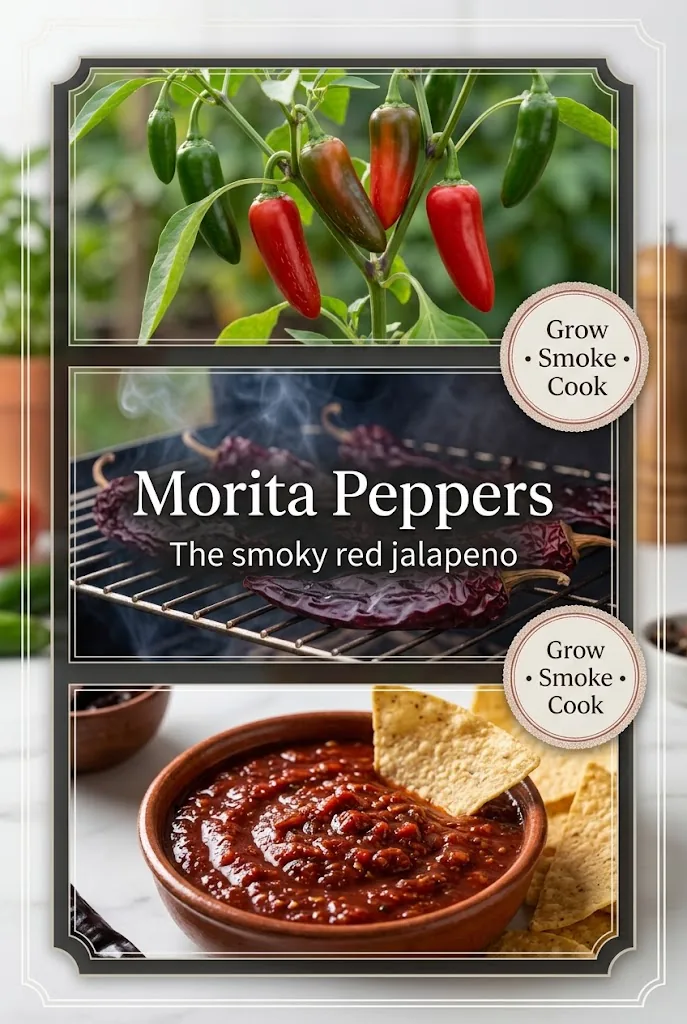 Designed collage of ripening jalapenos, dried Morita chiles, and salsa, titled Morita Peppers