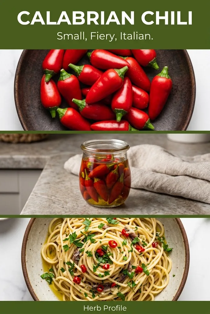 Pinterest graphic titled Calabrian Chili with photos of pods in oil jar of pods and bowl of pasta
