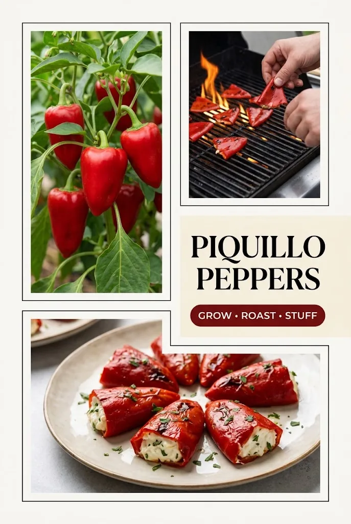 Pinterest collage showing Piquillo peppers growing, roasting, and stuffed with cheese