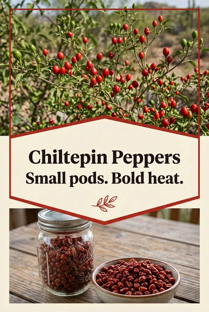 Vertical split pin pairs chiltepin peppers on a shrub with dried peppers and the title Chiltepin Peppers
