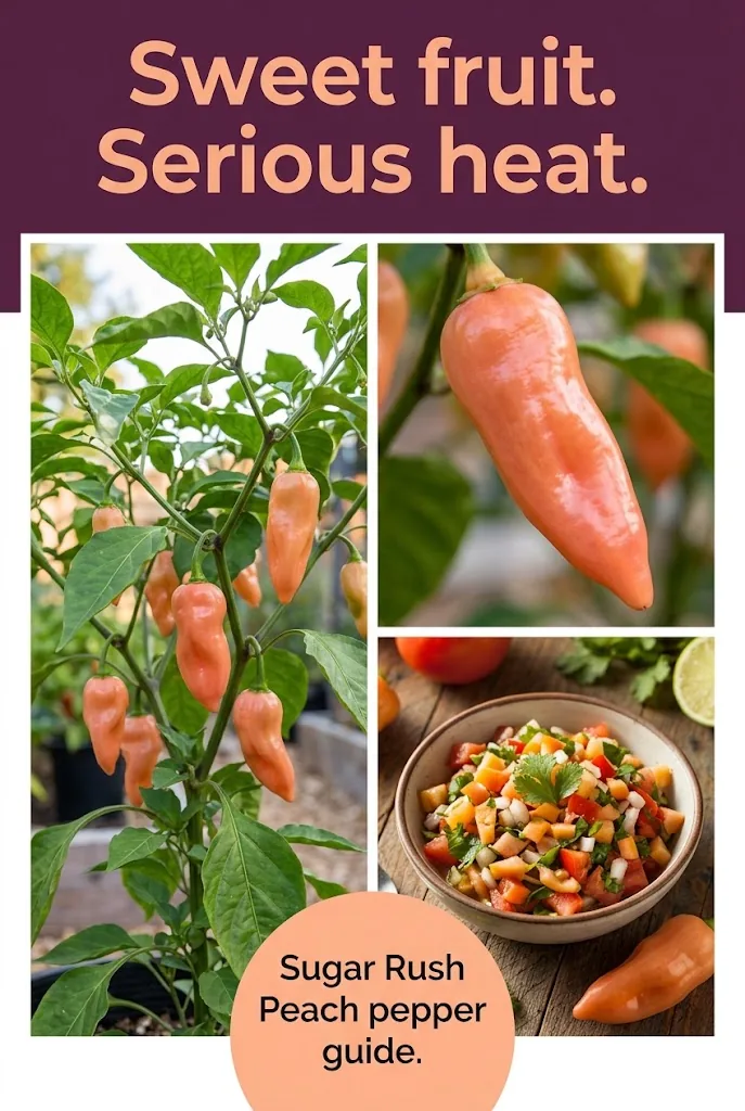 Pinterest graphic about Sugar Rush Peach peppers with photos of the plant, pod, and salsa