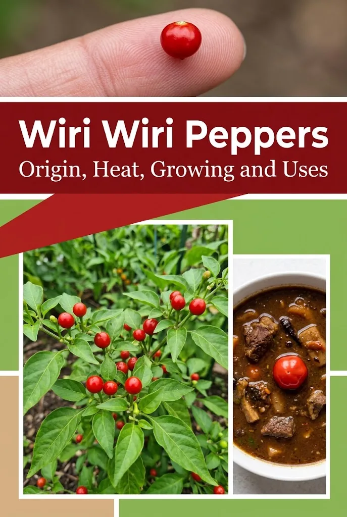 A three-panel Wiri Wiri pepper graphic showing the plant, ripe fruit, and a Guyanese dish.