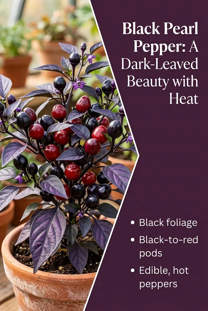 Black Pearl pepper profile highlighting dark foliage, black-to-red pods, and heat