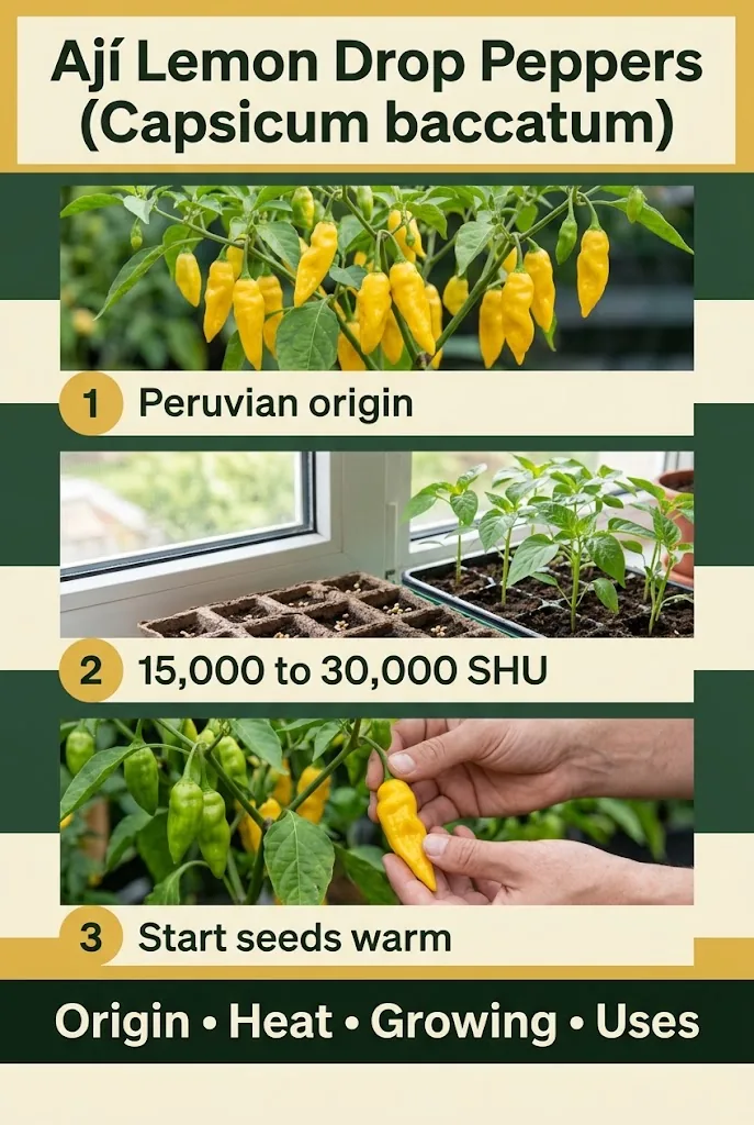 Ají Lemon Drop origin, heat, growing, and uses infographic