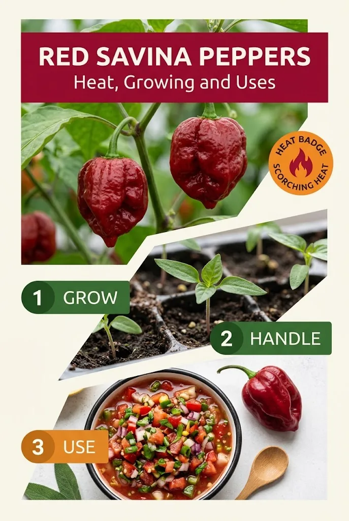 A collage about Red Savina pepper heat, growing, and uses