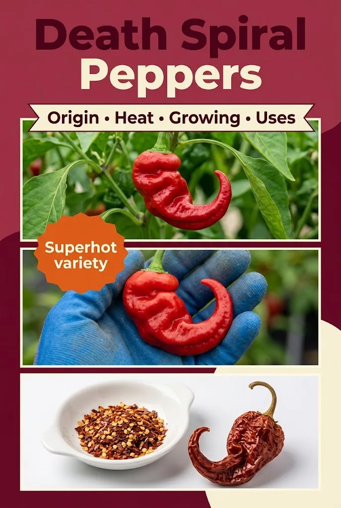 A three-panel Death Spiral pepper guide covering origin, heat, growing, and uses