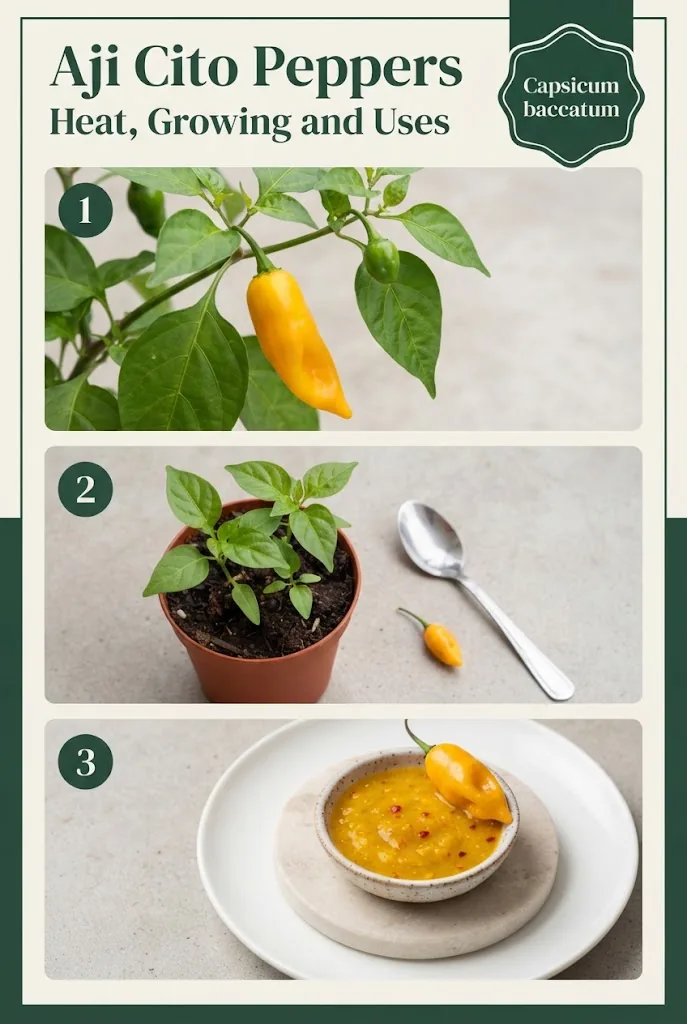 A three-photo Aji Cito profile collage showing the plant, seedlings, and salsa