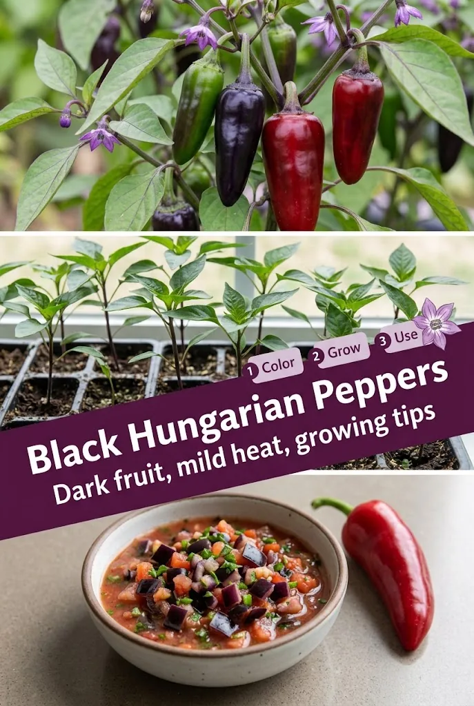 Black Hungarian pepper collage with ripening fruit, seedlings, salsa, and a growing guide headline