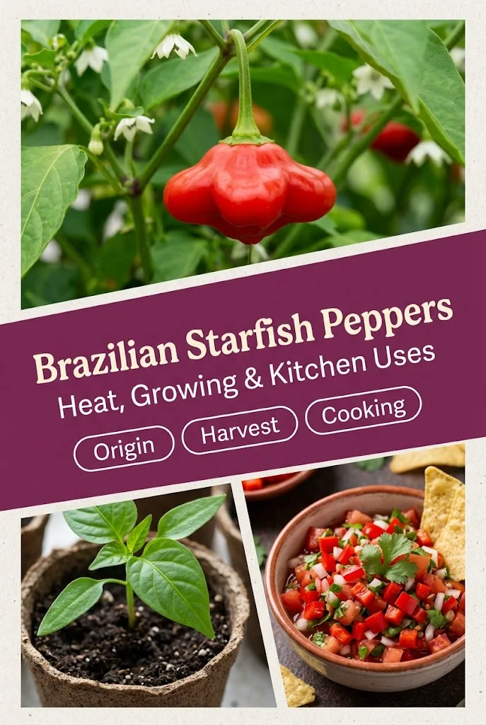 Pinterest collage about Brazilian Starfish peppers, their growing needs, harvest, and kitchen uses