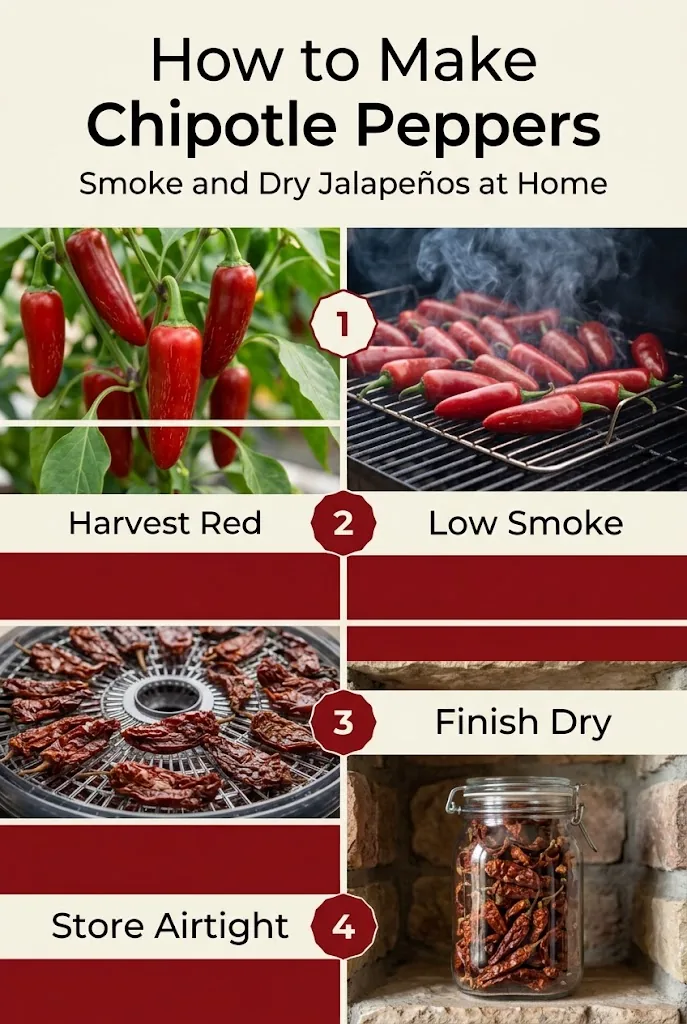 Step-by-step pin graphic showing how to smoke red jalapeños into chipotle peppers