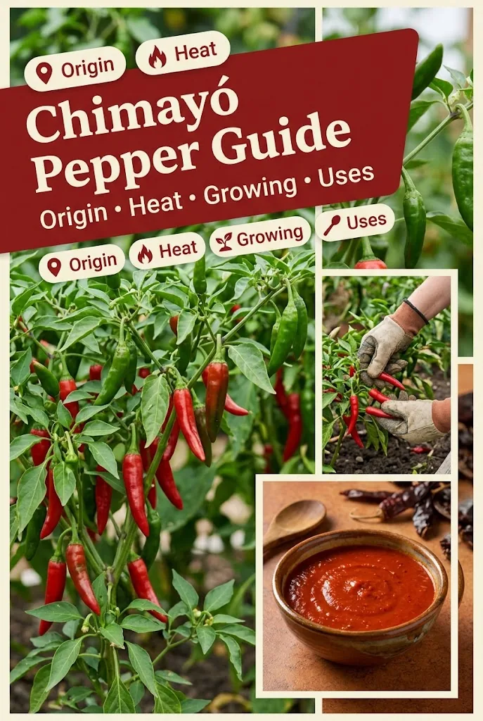Editorial collage showing a Chimayo pepper plant, harvest and chile sauce with the guide title