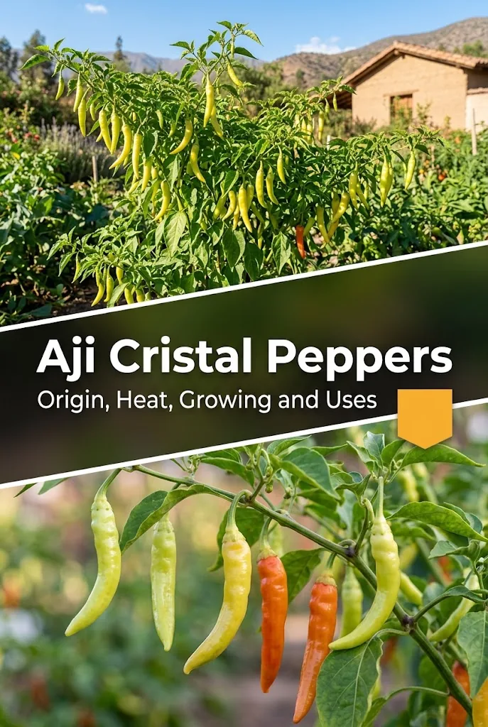 Aji Cristal Pinterest collage showing a fruiting plant and attached pods with the article title.
