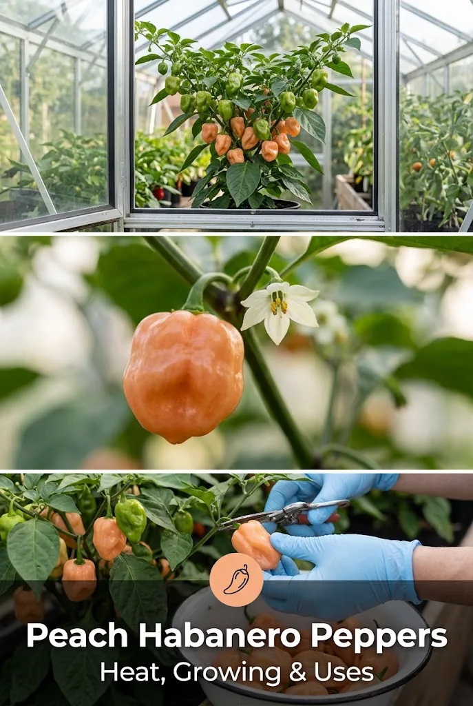 Pinterest collage of Peach Habanero plant, ripening pods, and gloved harvest with the title Peach Habanero Peppers