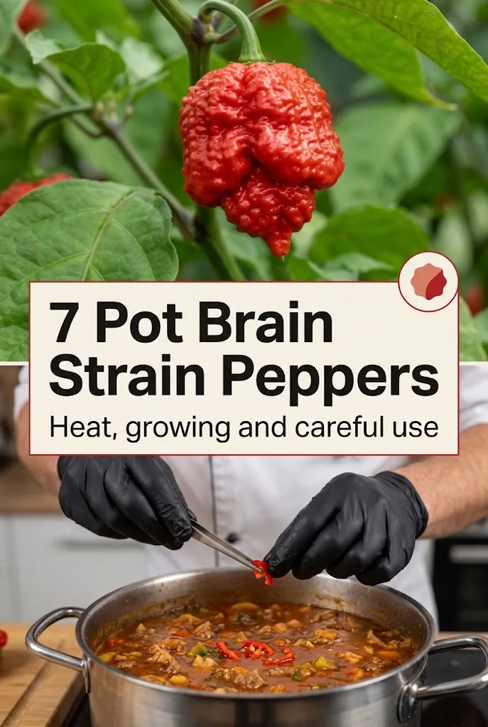 Two panel graphic showing 7 Pot Brain Strain peppers, growing and careful use
