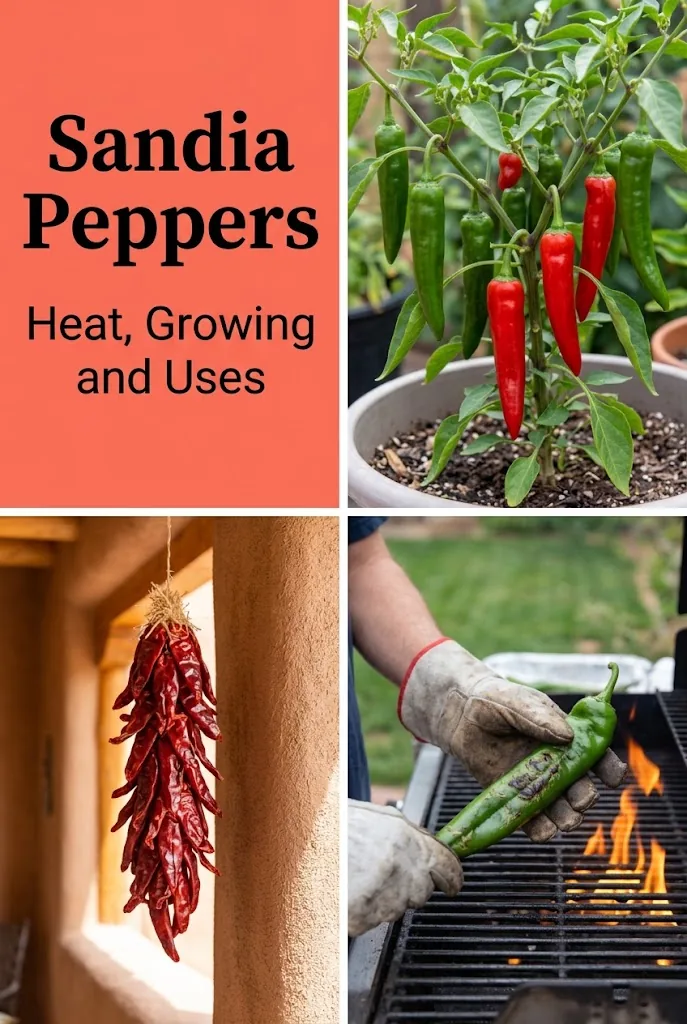 Pinterest graphic with Sandia pepper plant, roasting, and ristra collage