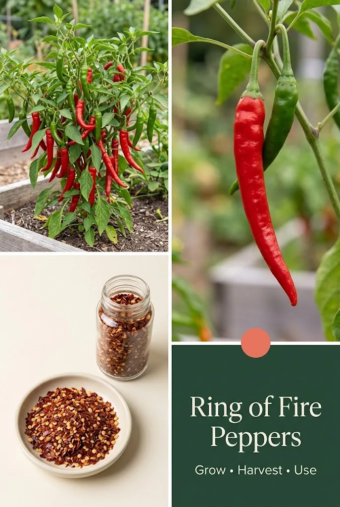 A collage about growing, harvesting, and using Ring of Fire peppers
