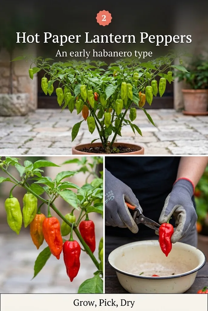 Vertical collage of the Hot Paper Lantern plant, attached ripening pods, and gloved harvest