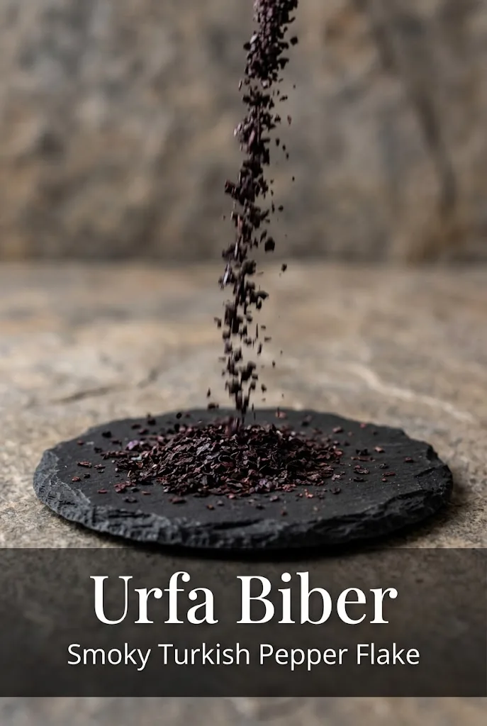 Vertical Pinterest pin: editorial close-up of dark purple-black urfa biber flakes mid-pour onto slate, with a semi-transparent dark gradient bottom band carrying the title Urfa Biber and the subtitle Smoky Turkish Pepper Flake